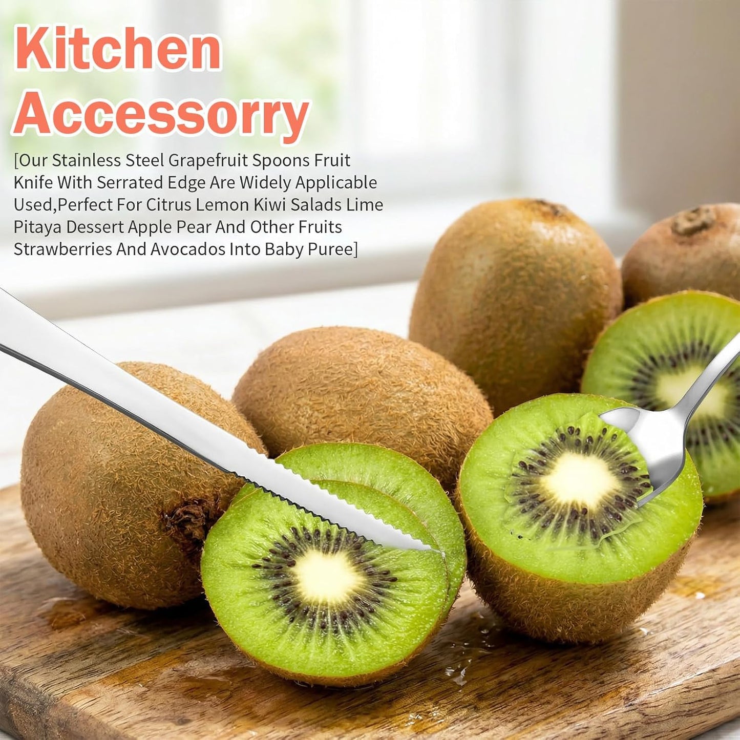 Grapefruit Knife 5 Pieces Set, 3 Stainless Steel Grapefruit Spoons & 2 Grapefruit Knives, Serrated Edge Utensils for Citrus Fruits (Silver)