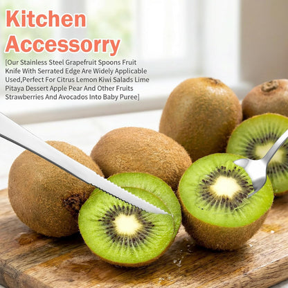 Grapefruit Knife 5 Pieces Set, 3 Stainless Steel Grapefruit Spoons & 2 Grapefruit Knives, Serrated Edge Utensils for Citrus Fruits (Silver)