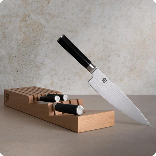 Shun Classic Blonde 5 Piece In-Drawer Set, 8" Chef's Knife, 3.5" Paring, 6" Utility & 9" Bread Knife, Handcrafted Japanese Set, Damascus Stainless Steel Cladding, Pakkawood Handle