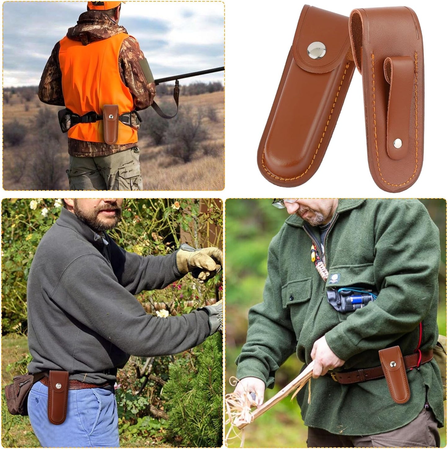 Leather Pocket Knife Sheath, Folding EDC Case for Belt, Genuine Cowhide Pouch with Snap Closure, 5 Inch Durable Holster Knives for Men Outdoor Camping Hiking Hunting (Brown, 5In)