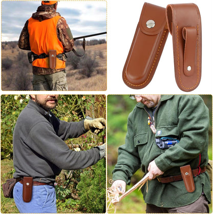 Leather Pocket Knife Sheath, Folding EDC Case for Belt, Genuine Cowhide Pouch with Snap Closure, 5 Inch Durable Holster Knives for Men Outdoor Camping Hiking Hunting (Brown, 5In)