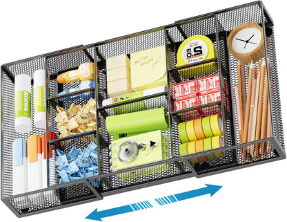 Marbrasse Expandable Desk Drawer Organizer, Mesh Drawer Organizer Tray with 10 Adjustable Compartments, Desk Organizers and Accessories for Office Supplies, Makeup & Vanity (Expandable White-2 pack)