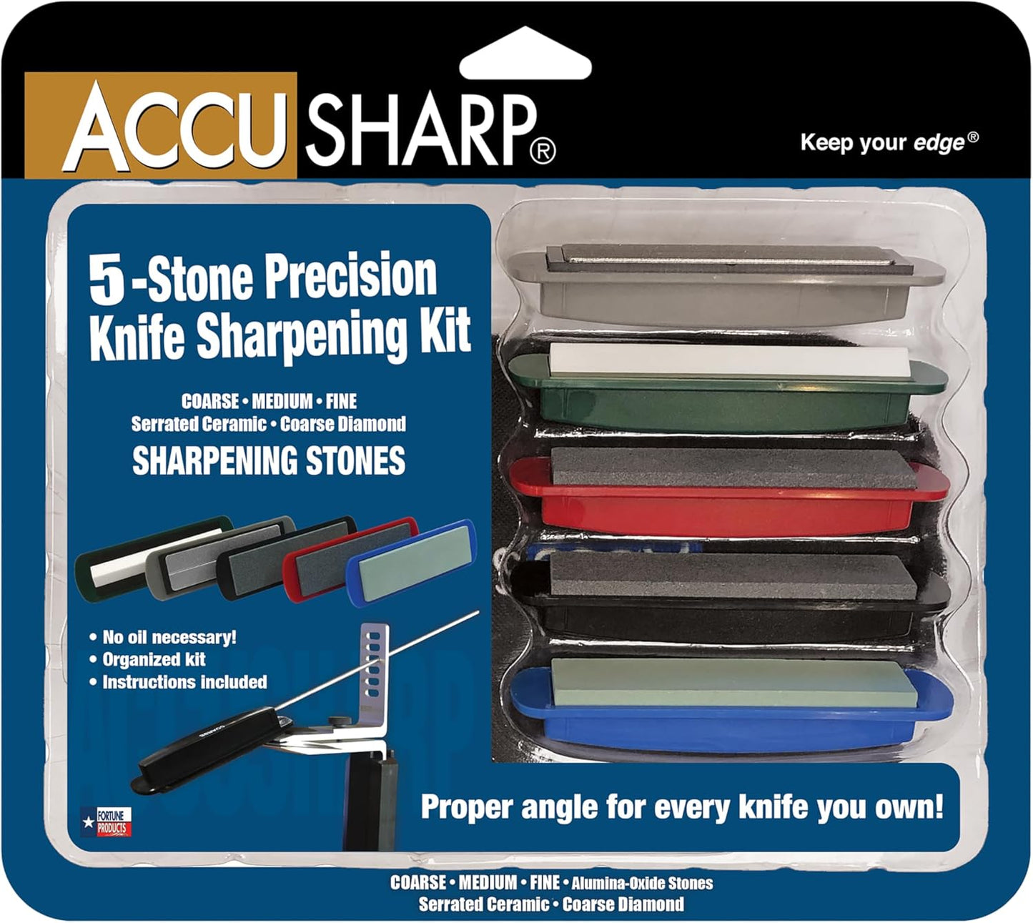 AccuSharp Precision Knife Sharpening Stone Kit, Set for Honing Straight Bladed Knives, Portable Stone Sharpener with Clamp, Pouch, and Guide for Various Angles, Set of 5 Stones with Varying Coarseness