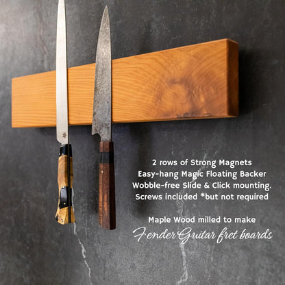 360KnifeBlock magnetic knife BAR - Guitar Wood - 2 Rows of Magnets, 'magic floating backer' w/level system, 2"screws - handmade in Washington (Guitar wood, 18" wide)