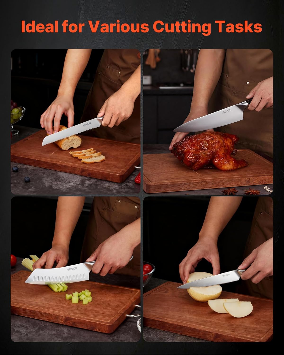 VEVOR Kitchen Knife Set, 6 Piece High Carbon Stainless Steel Sharp Knife Set, Professional Kitchen Cutlery with Ergonomic Crack-Resistant Handle, and Walnut Finish Powerful Magnetic Knives Holder