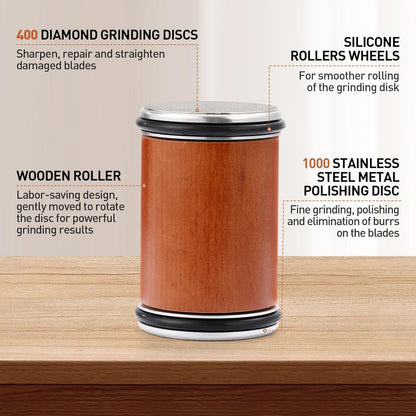 Rengue Rolling Knife Sharpener Kit, Diamond Coated Tool with N52 Super Magnetic 15° to 20° Angles Beech Wood Base 400/1000 Grit Grinding for Kitchen Knives Any Steel Hardness