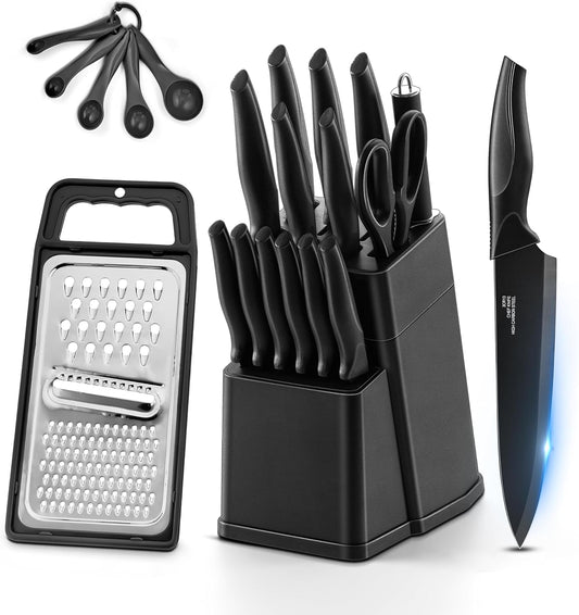 HaWare Knife Set, 21 Pieces Stainless Steel Kitchen Knife Block Set, White Chef Knife Sets with Measuring Spoon & Slicer for Home, 6 Steak Kinves, Sharp Blade & Light Weight Cutlery, Ergonomic Handle