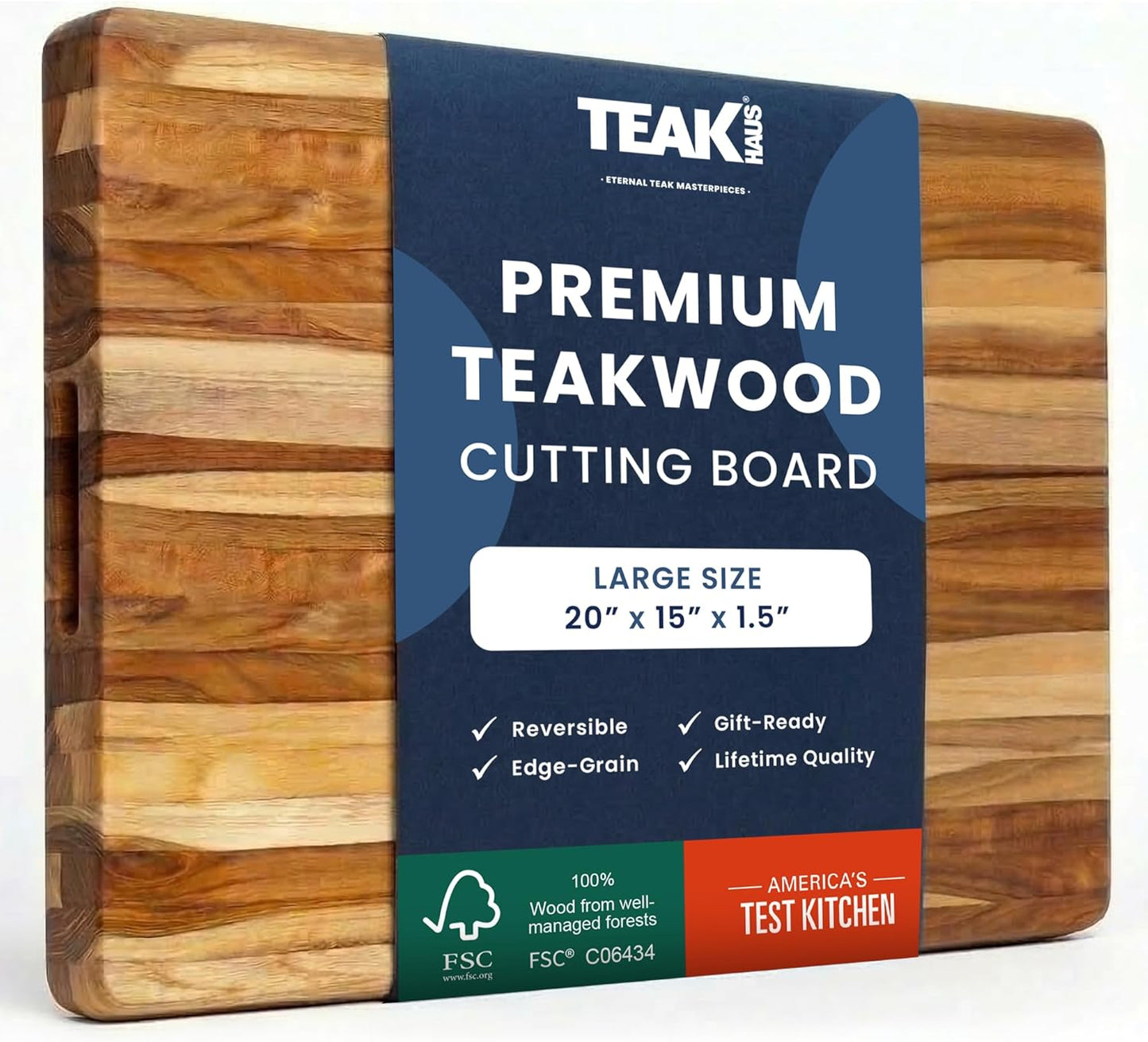 Teakhaus Cutting Board - Extra Large (XL) Teak Wood Cutting Board 24”L x 18”W x 1.5” Thick - Sustainably Harvested and FSC Certified - Knife Friendly with Natural Oil Finish
