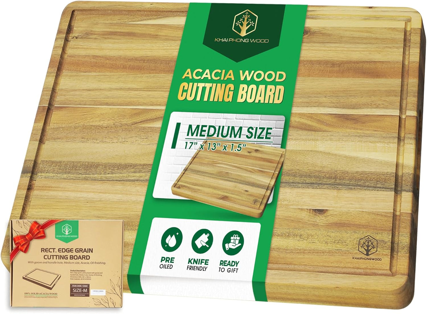 End Grain Acacia Wood Cutting Boards for Kitchen, 1.5 in Thick Butcher Block Construction for Stability, 15 x 10 in Medium Cutting Boards with Gift Box, Juice Groove and Handle