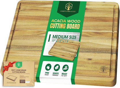 End Grain Acacia Wood Cutting Boards for Kitchen, 1.5 in Thick Butcher Block Construction for Stability, 15 x 10 in Medium Cutting Boards with Gift Box, Juice Groove and Handle