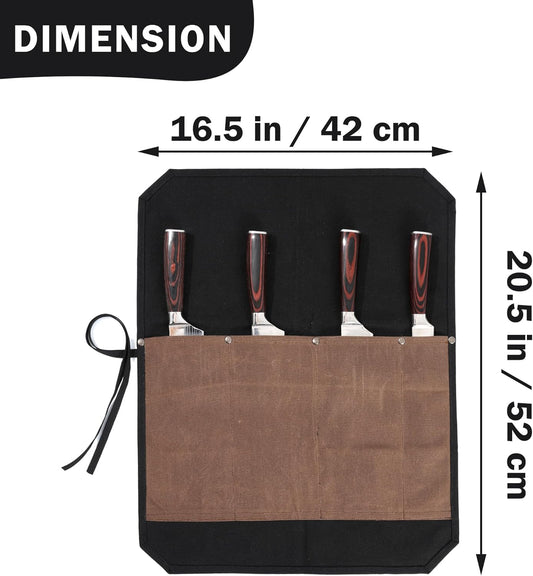 Kaaltisy 16OZ Waxed Canvas Knife Roll Bag - Heavy Duty Chef Knife Carrier with 4 Slots + Cut-Proof Protection, Stylish Two-Color Design in Brown & Grey for Chefs (20.5" x 16.5")