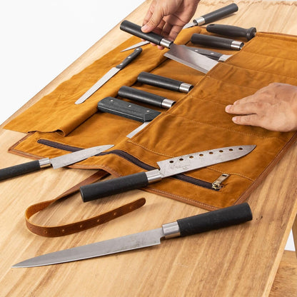 Leather Chef Knife Roll Bag, Knife Bags for Chefs Professional, Large Zippered Pouch & 7-Slot Professional Knife Roll, Chef Knives Storage Bag for Kitchen Tools Culinary Accessories (brown)