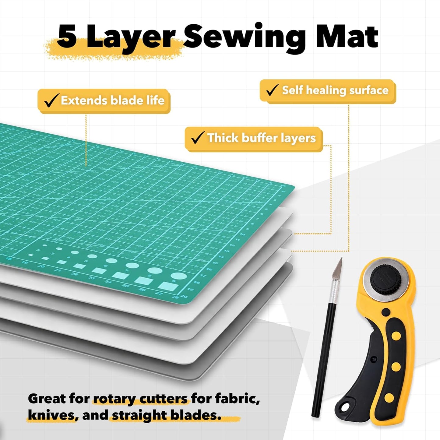 Mandala Crafts Self-Healing Cutting Mat Set – 12" x 18" A3 Green Double-Sided 5-Ply Mat with Fabric Cutter, Quilt Ruler & Craft Knife for Sewing, Quilting, Leather & Scrapbooking