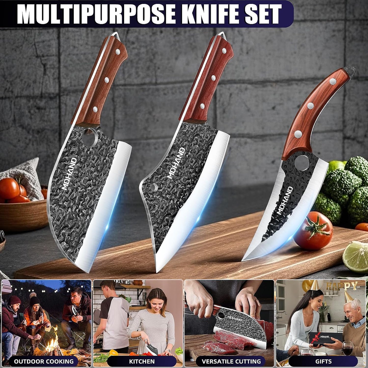 MDHAND Butcher Knife Set, 12PCS Hand Forged Serbian Chef Knife Set with Bag, High Carbon Steel Full Tang Kitchen Knives Set, Meat Cleaver & Boning Knife for Brisket Trimming BBQ Camping, Gift for Men