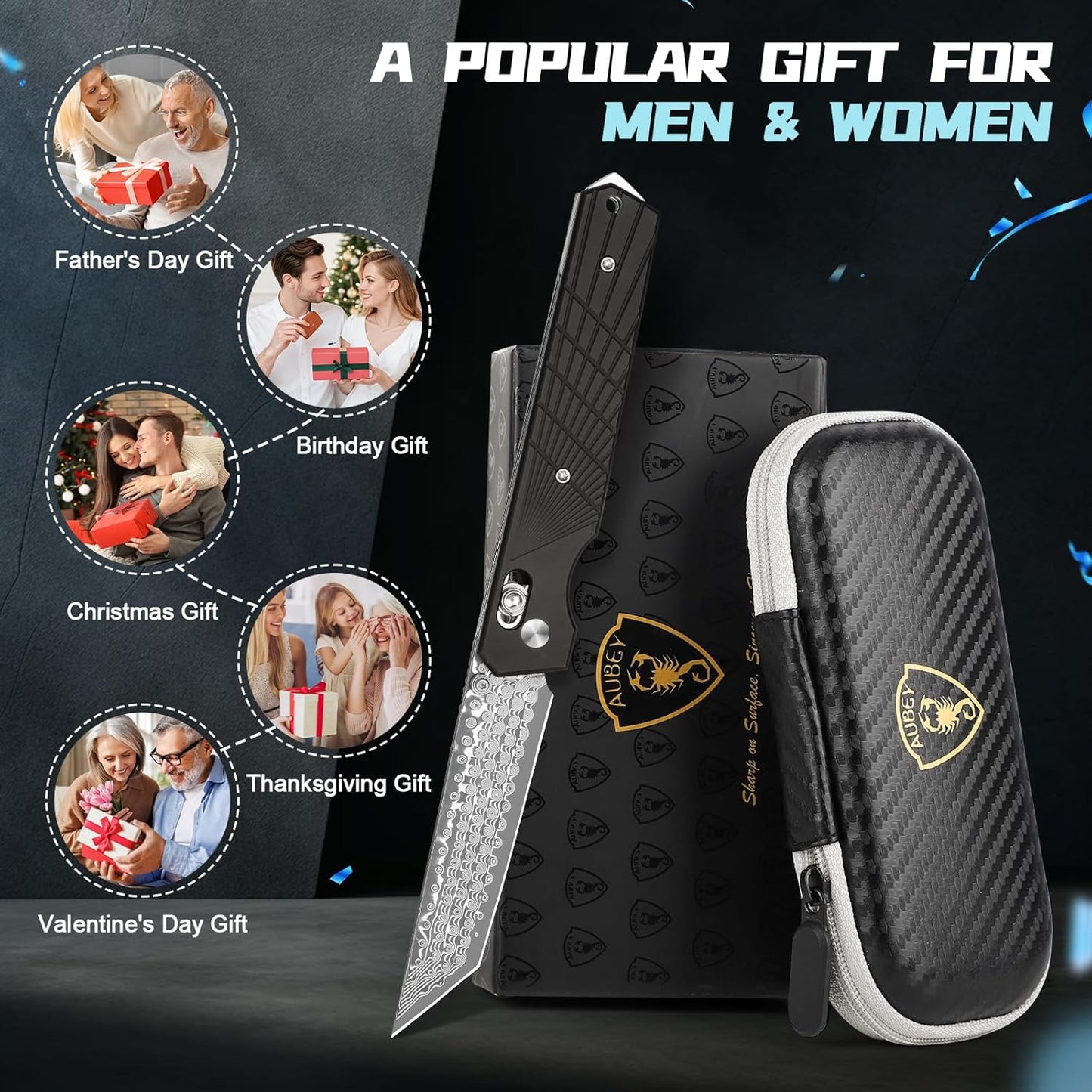AUBEY Damascus Pocket Knife with Clip, Sharp Tanto Blade with VG10 Core Folding Knife with Abalone Shell Handle and Glass Breaker, EDC Camping Knife for Gift Survival Collection