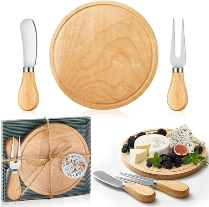 Maxcheck 18 Sets Baby Shower Bridal Game Prizes for Winners Round Cheese Board Set Wood Mini Charcuterie Board with Knives and Forks Thank You Card with Gift Box for Guests Wedding (Bamboo)