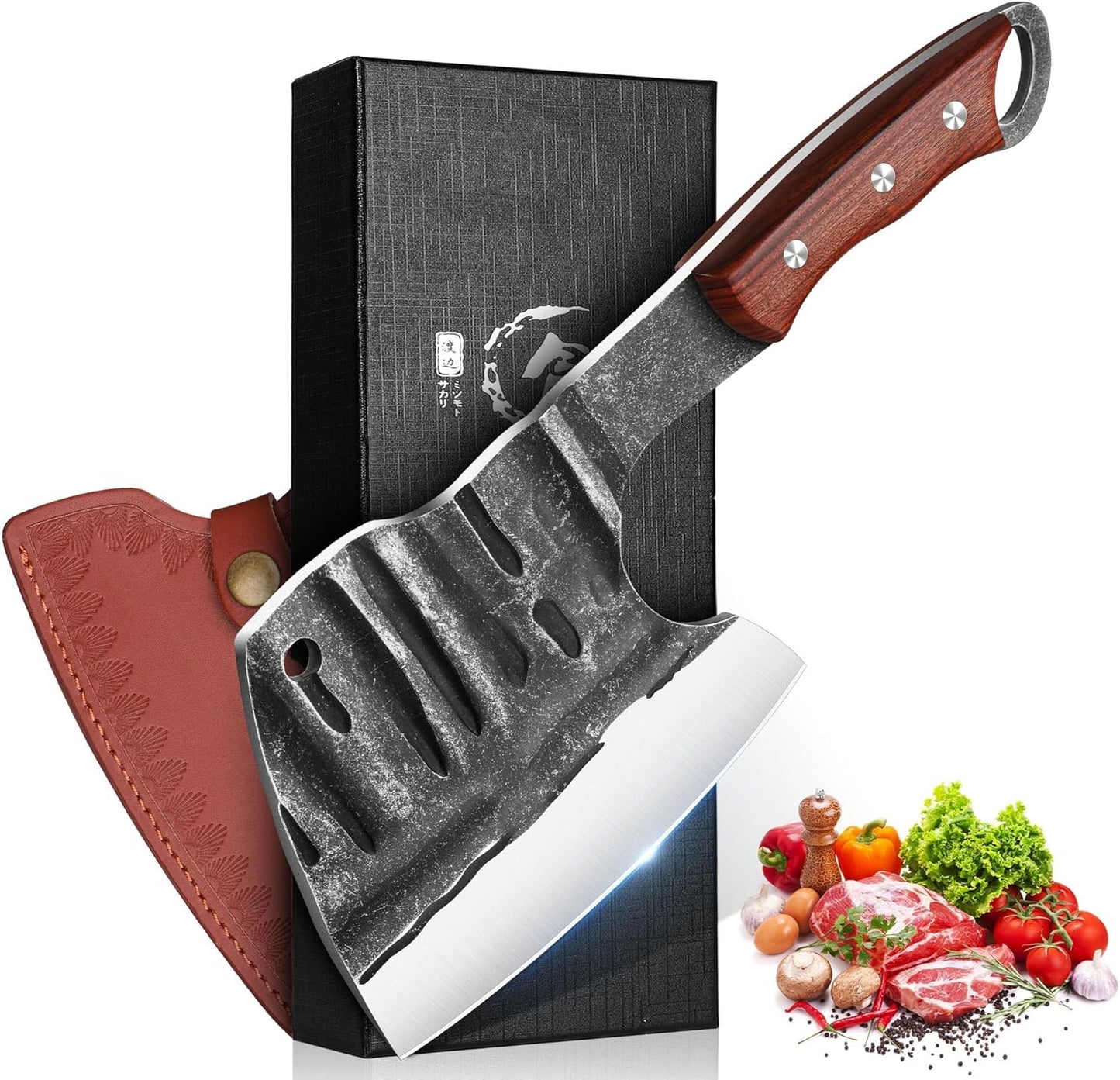 Dream Reach Meat Cleaver, 6.9 inch Black Boning Knife, High Carbon Steel Sharp Kitchen Forged In Fire Knife with Sheath Gift Box Bottle Opener for Outdoor Camping, Christmas Gifts for Men Women