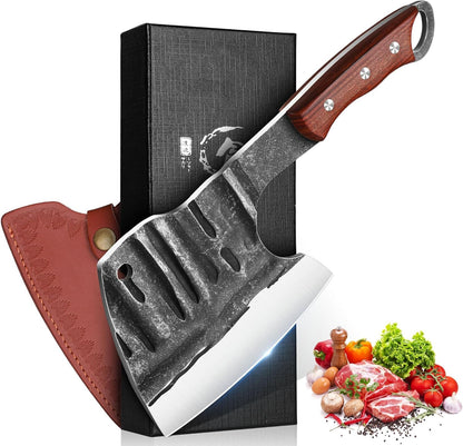 Dream Reach Meat Cleaver, 6.9 inch Black Boning Knife, High Carbon Steel Sharp Kitchen Forged In Fire Knife with Sheath Gift Box Bottle Opener for Outdoor Camping, Christmas Gifts for Men Women
