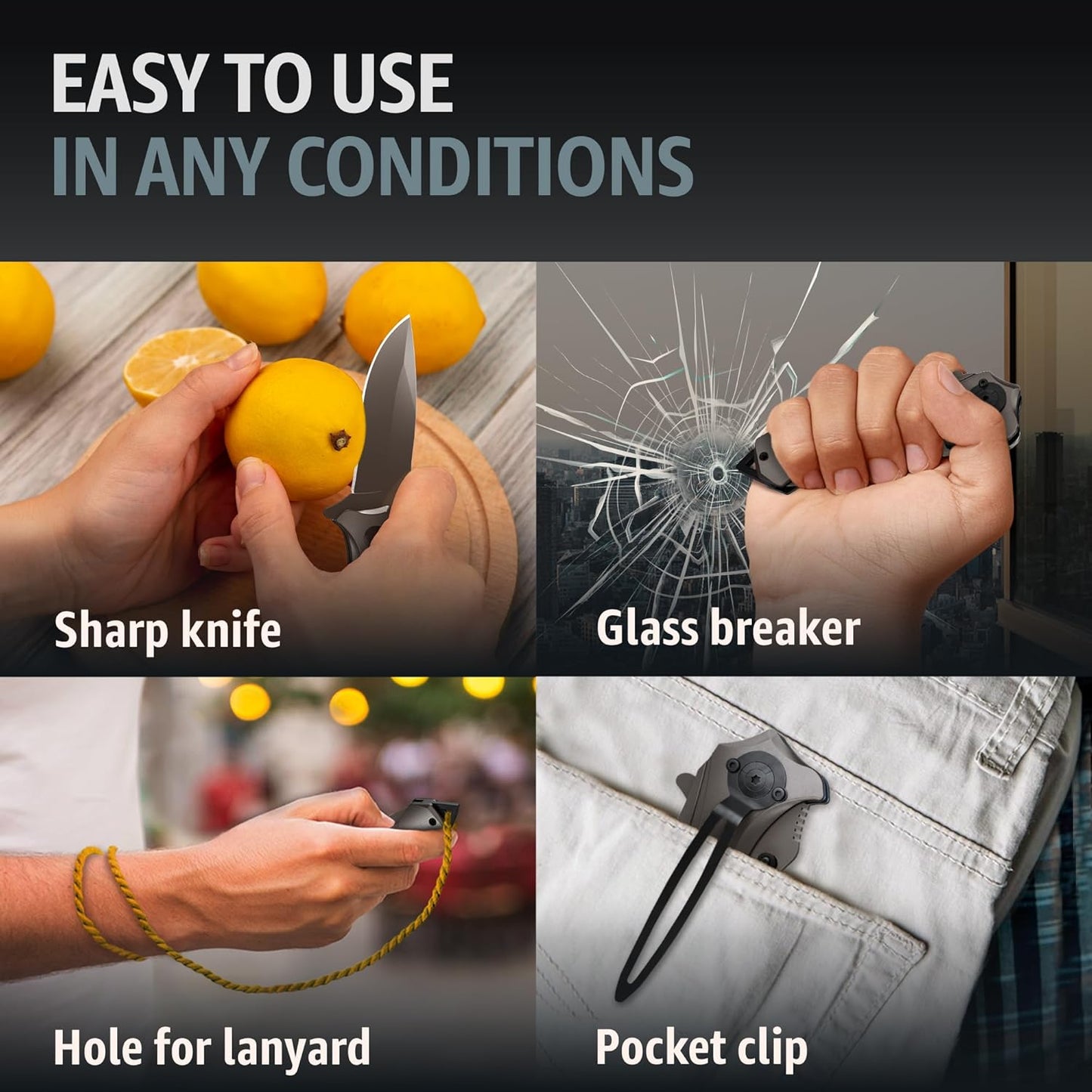 Pocket Knife for Men - Tactical Gear with Glass Breaker and Pocket Clip - Sharp Folding Knives for EDC, Outdoor Cooking, Cutting Cake - Kitchen Utensils & Gadgets - Gifts for Husband, Dad 6495 B