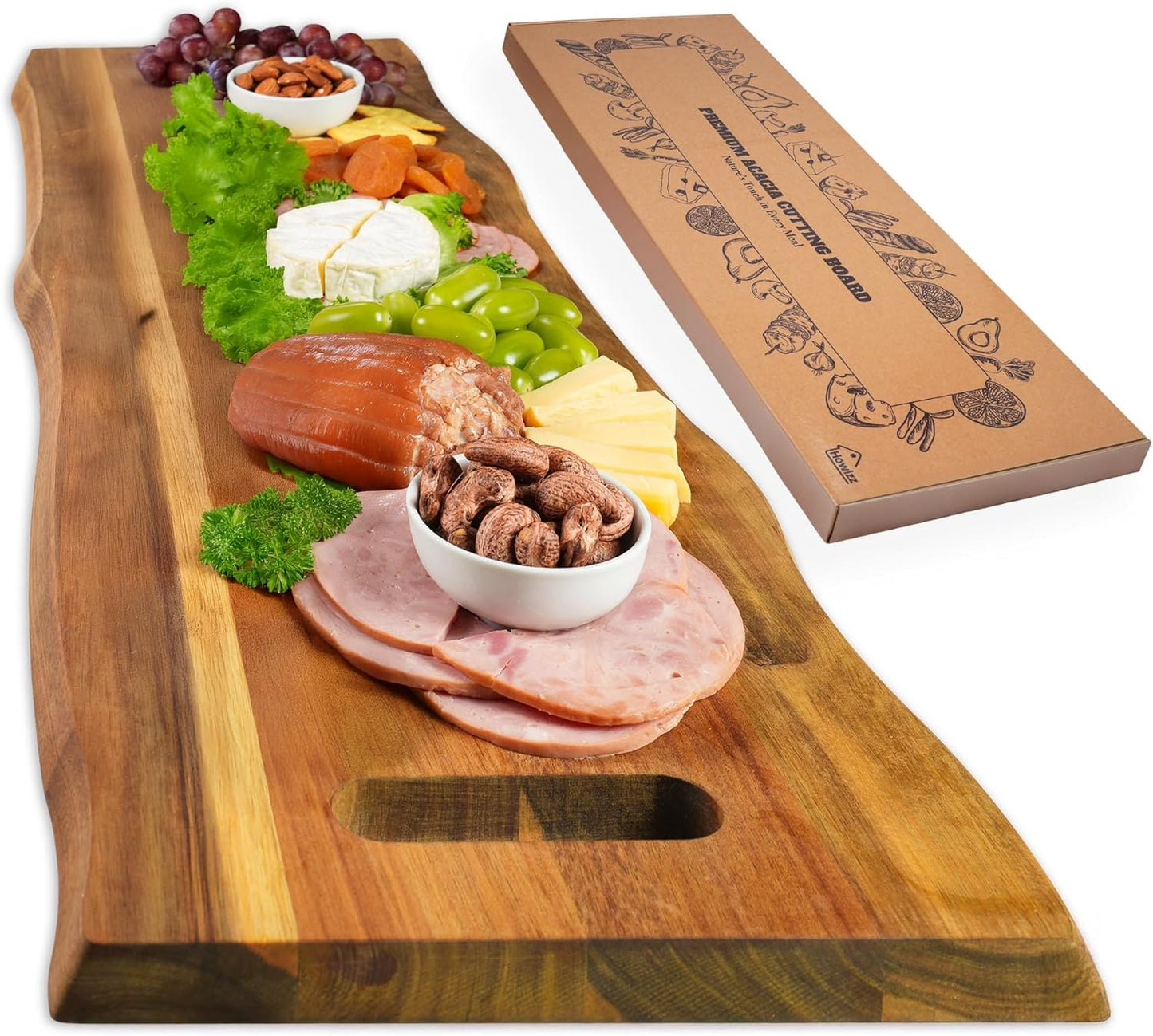 Howizz Acacia Wood Large Cutting Board, Thick End Grain Solid Wood Butcher Block For Kitchen, Non Toxic Pre-Oiled Carving Tray w/Juice Grooves and Easy Grip Handle, 20"x15"x1" (Gift-Ready Box)