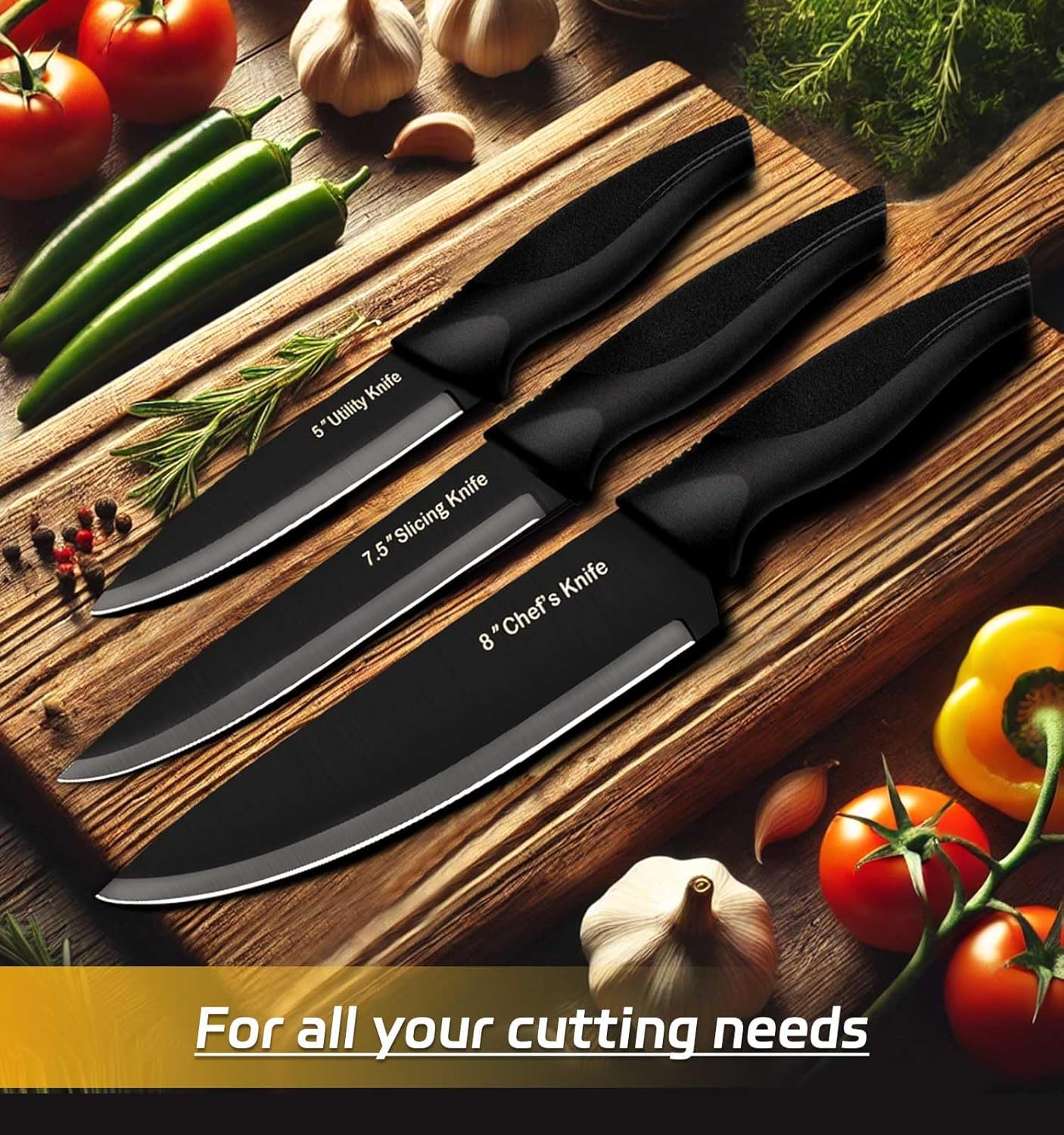 Knife Set, 8 Pieces Kitchen Knife Block Sets, High Carbon German Stainless Steel, Dishwasher Safe Cutlery with Sharpener, Black