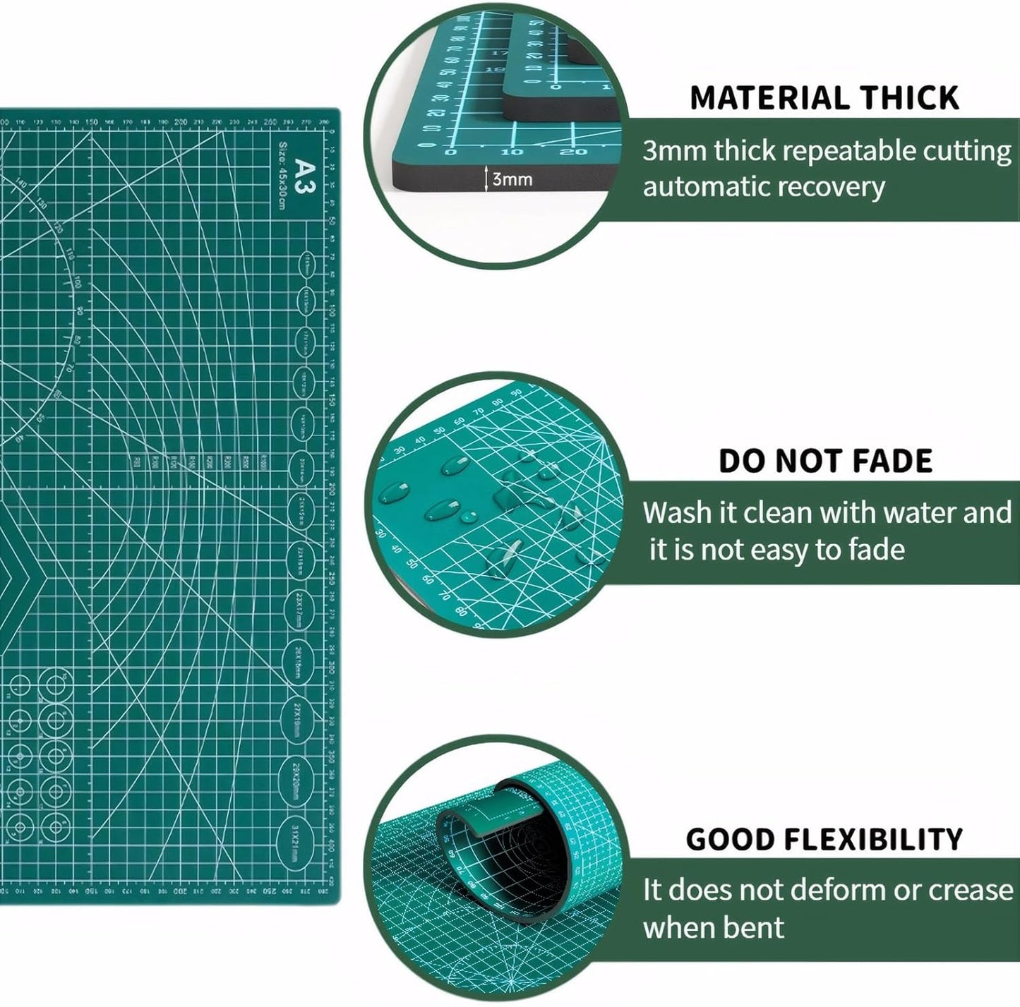 Self Healing 18"X12" Cutting Mat, A3 Sewing Mat Rotary Double Sided Thickened Mats for Crafts, for Sewing Crafts Hobby Fabric Precision Scrapbooking Project,Green