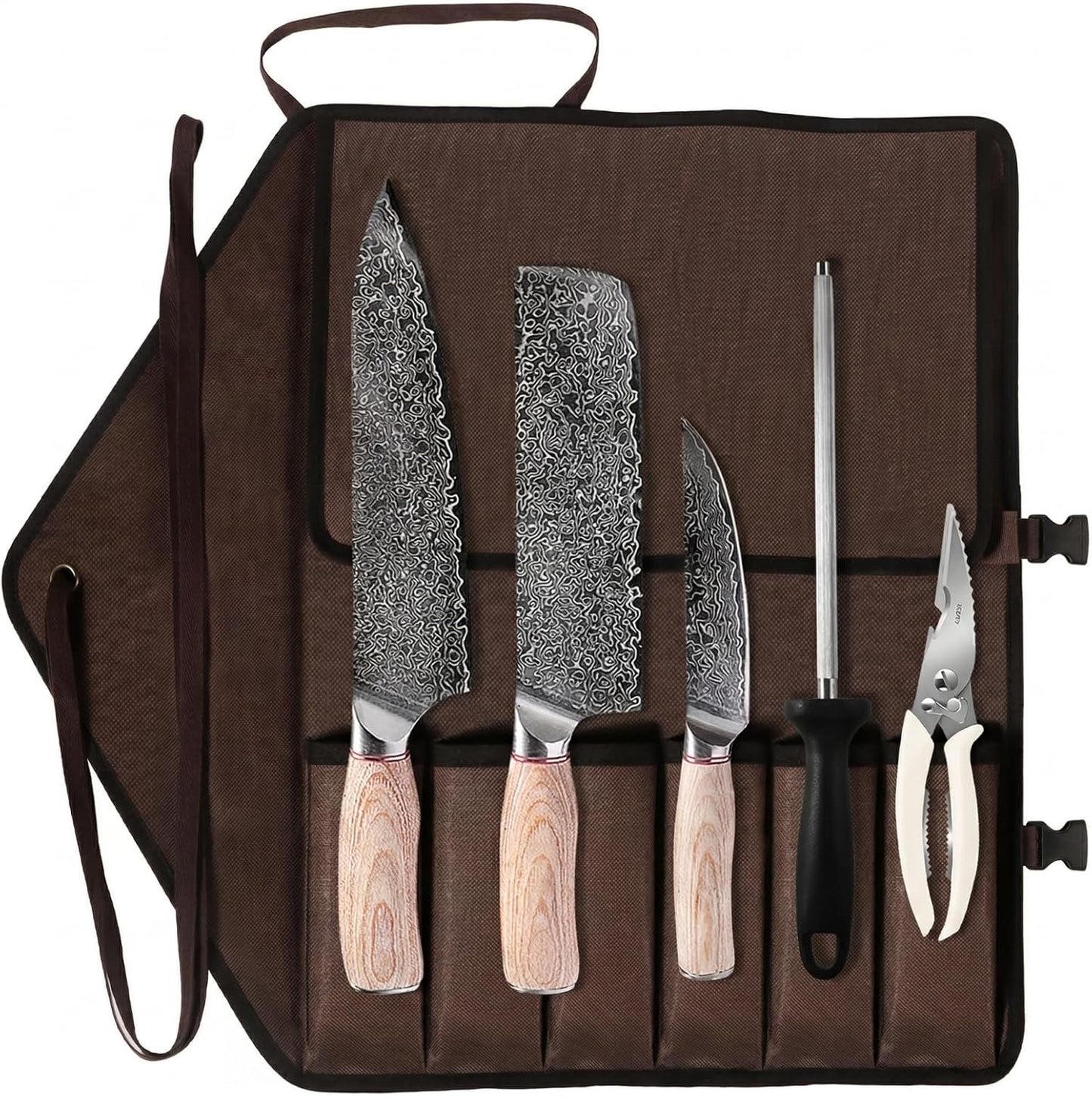 KOFERY Damascus Steel Butcher Knife Set with Full Tang Blades for Pit Master BBQ Meat Carving, Smoking Meat & Game Processing with Canvas Knife Roll for Camping, Gift for Men