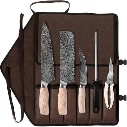 KOFERY Damascus Steel Butcher Knife Set with Full Tang Blades for Pit Master BBQ Meat Carving, Smoking Meat & Game Processing with Canvas Knife Roll for Camping, Gift for Men