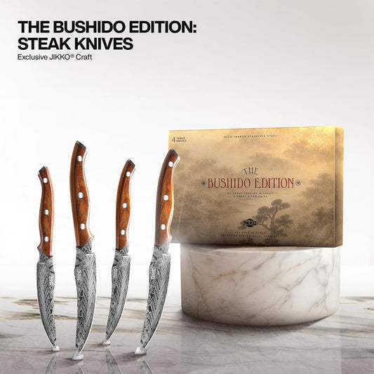 Jikko® Bushido Edition – Japanese AUS-8 Steak Knife Set (4 pcs) with Rosewood Handles | Premium Full-Tang Carving Knives for Meat, Steak & BBQ – Razor Sharp 15° Edge, Gift Collector’s Box