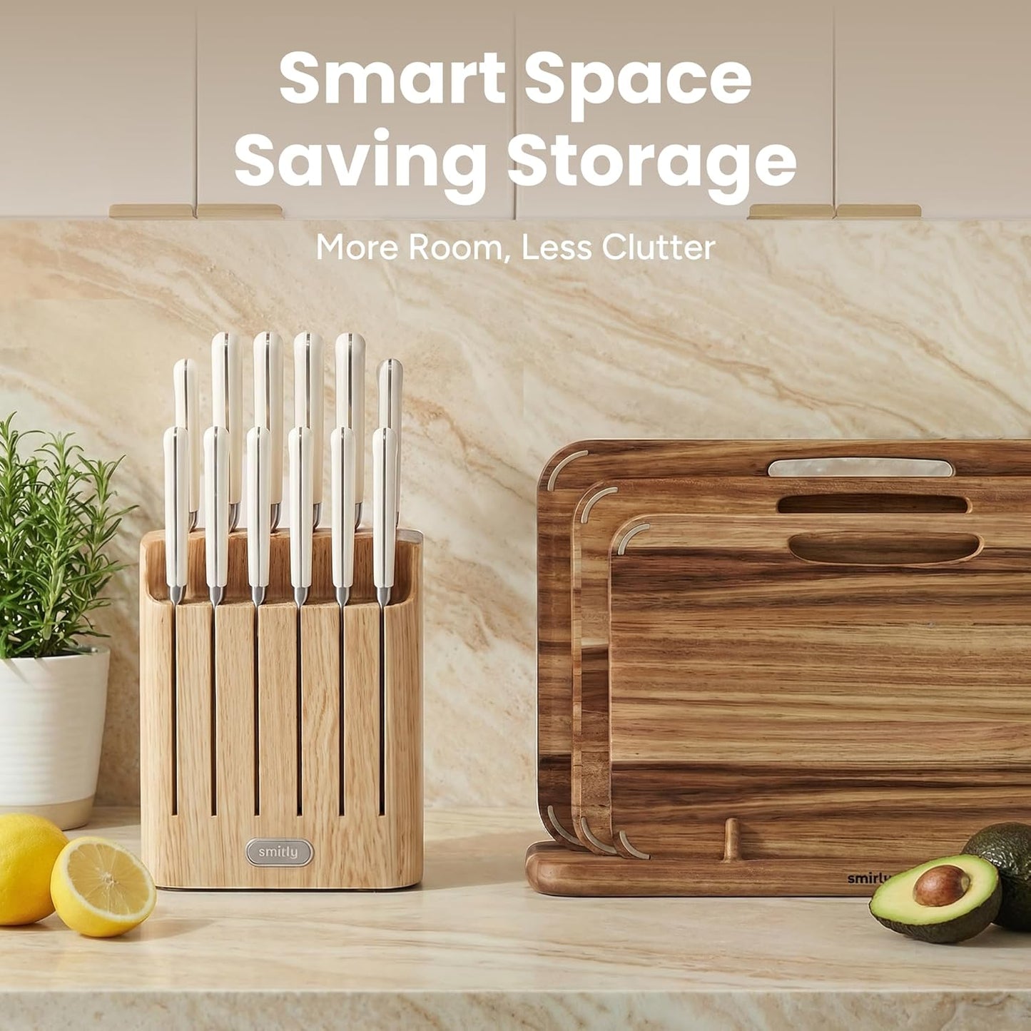 SMIRLY 14-Piece Kitchen Knife Set with Magnetic Block, High Carbon Stainless Steel Chef Knives, Ultra Sharp, Dishwasher Safe, Cream White