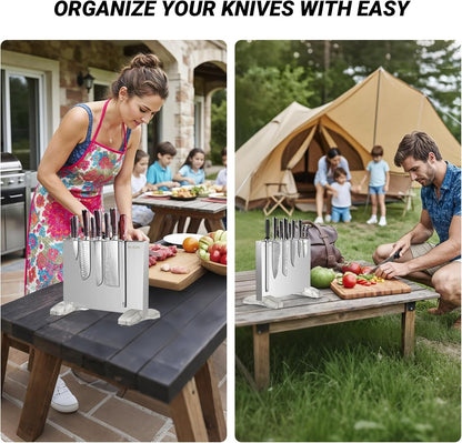Magnetic Knife Holder, Stainless Steel Magnetic Knife Block without Knives, Strong Double Sided Magnet Knife Storage Strip with Wood Base for Kitchen Counter-Silver