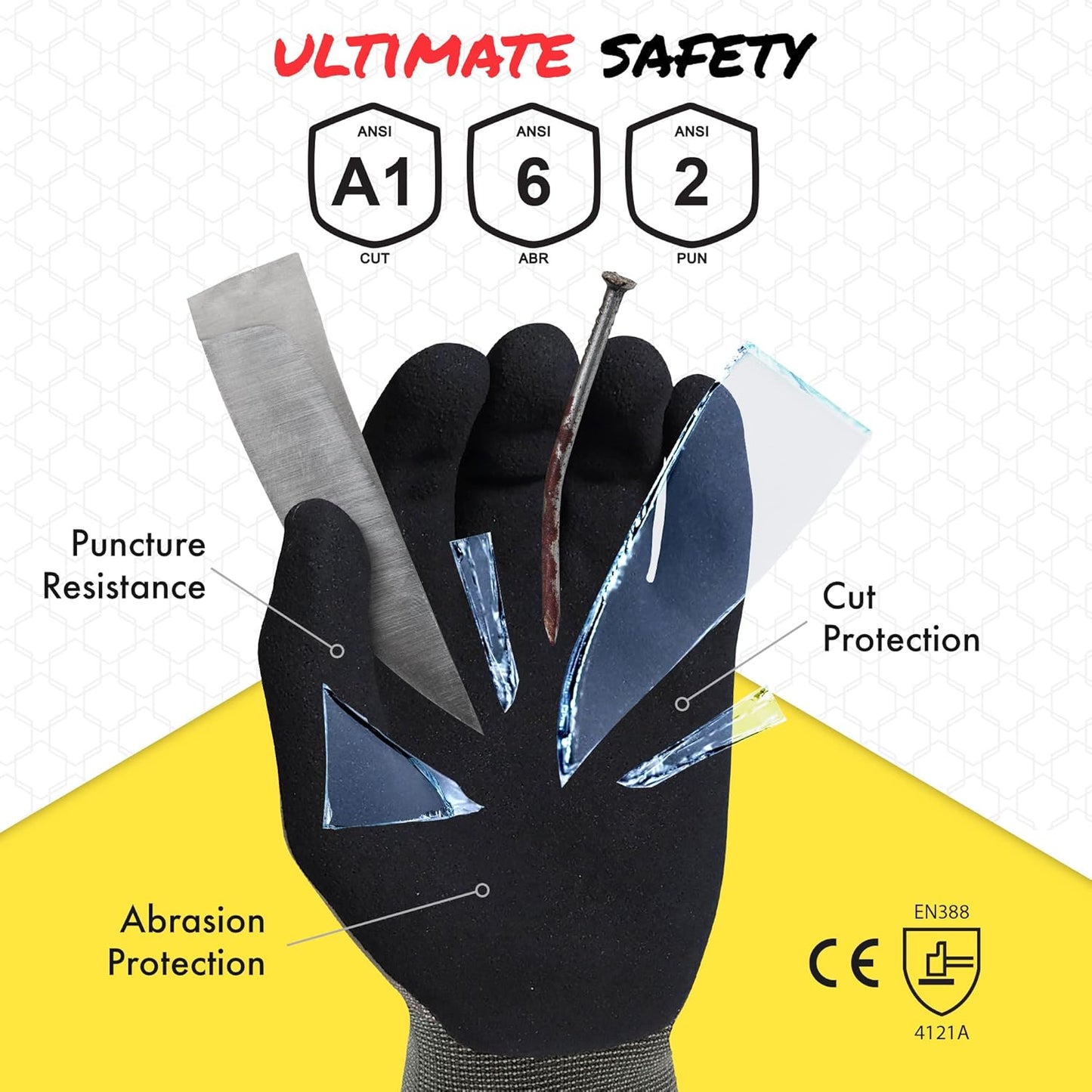 Quest Protective Apparel Cut Resistant Work Gloves (ANSI A1) – Lightweight Graphene Gloves for Gardening, DIY, Mechanical & General Handling – Breathable Grip Gloves for Men & Women – Large, Pack of 3