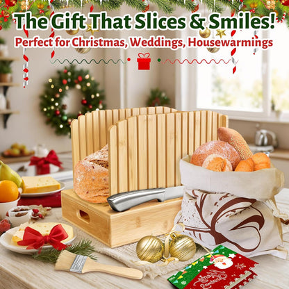 Bread Slicer for Homemade Bread, 5-Piece Bamboo Sourdough Bread Cutter Kit with Knife & Crumb Tray& Bread Bag, Manual Loaf Slicer Adjustable Bread Slicer Guide for Bagels, Sandwiches, Baking Tools