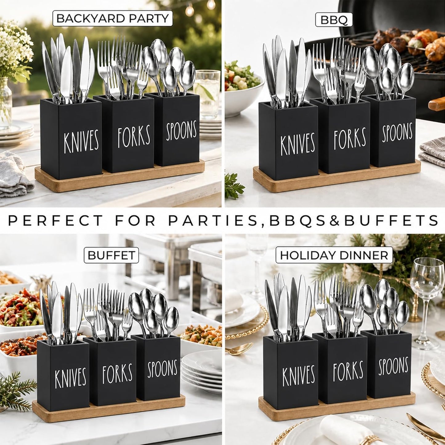 Farmhouse Silverware Holder, Rustic Wood Silverware Caddy with Tray, Spoon Fork Knives Flatware Dispenser, Utensil Countertop Organizer, Plastic Cutlery Holder for Kitchen Party (Black)