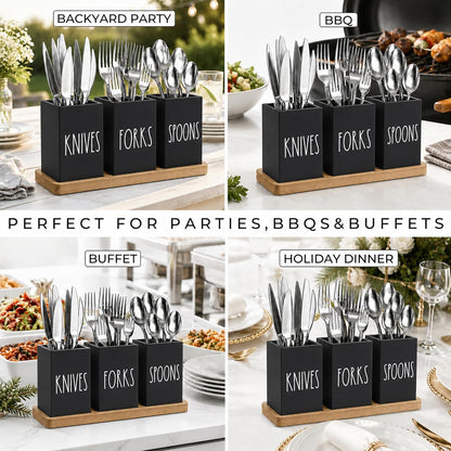 Farmhouse Silverware Holder, Rustic Wood Silverware Caddy with Tray, Spoon Fork Knives Flatware Dispenser, Utensil Countertop Organizer, Plastic Cutlery Holder for Kitchen Party (Black)