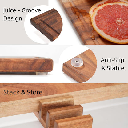 Non Toxic Acacia Wood Cutting Board Set with Stand | 3 Pcs Knife-Friendly Non-Slip Wooden Cutting Boards for Kitchen | 0.7″Thick Butcher Block | Solid Chopping Boards with Juice Groove