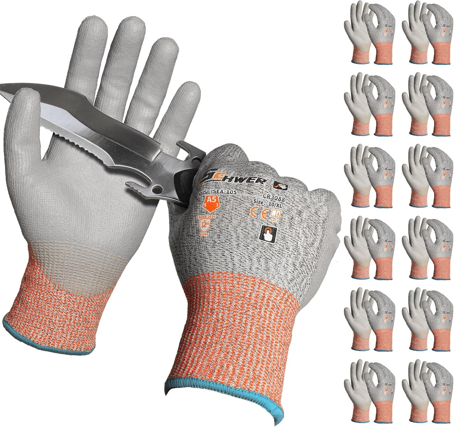 Schwer 12 Pairs ANSI A5 Cut Resistant Work Gloves, Cut Proof Gloves with PU Coating, Used for Metal Fabrication, WoodWorking, Construction, Non Slip, Durable, Non PFAS, L, CR3088