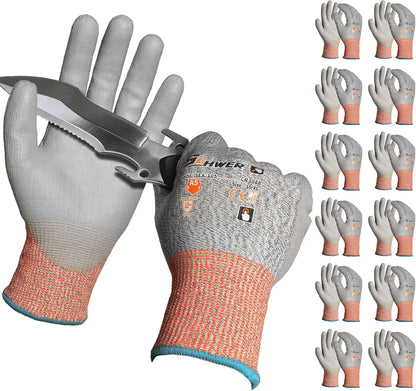 Schwer 12 Pairs ANSI A5 Cut Resistant Work Gloves, Cut Proof Gloves with PU Coating, Used for Metal Fabrication, WoodWorking, Construction, Non Slip, Durable, Non PFAS, L, CR3088