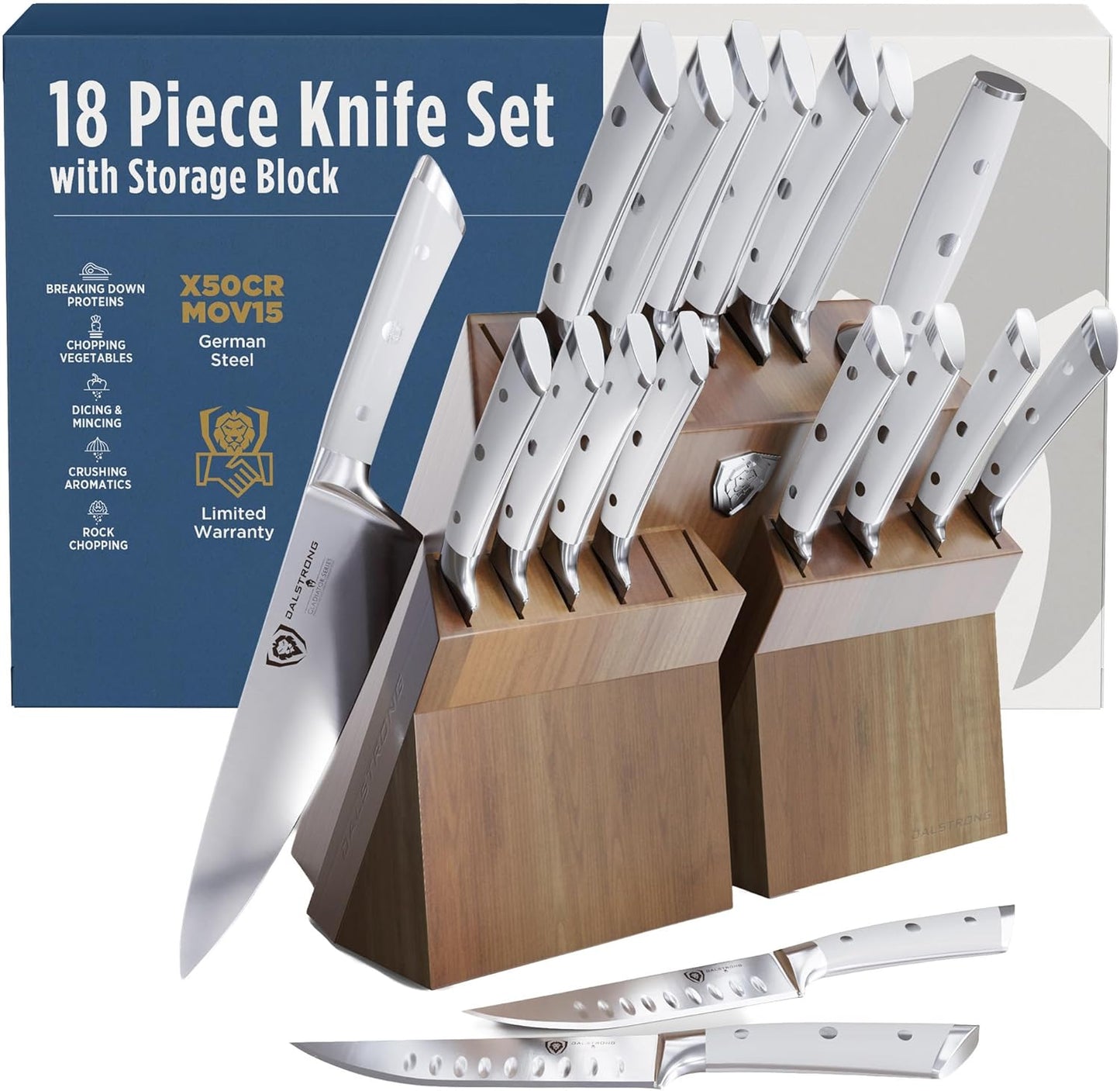 Dalstrong 18-Piece Gladiator Colossal Knife Block Set — German High-Carbon Steel, Full-Tang, Hand-Sharpened — For Home Chefs, Wedding Registries & Serious Kitchens — Acacia Wood Block, NSF Certified