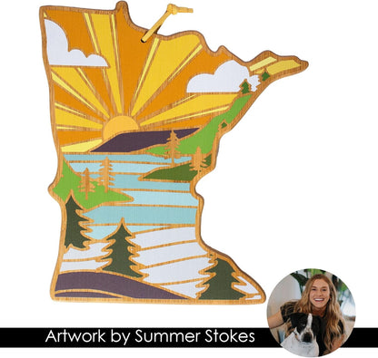 Totally Bamboo North Carolina State Shaped Cutting Board and Charcuterie Serving Platter with Artwork by Summer Stokes, Includes Hang Tie for Wall Display 18" x 8" x 5/8" - Colors B
