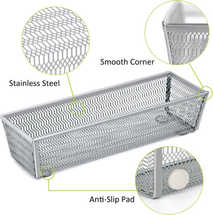 Neudeco Silverware Organizer,Mesh Drawer Organizer for Kitchen，Metal Utensil Organizer for Flatware, Knives, Spoons,Cosmetic (Silver 9 * 3 * 2 inch Pack6)