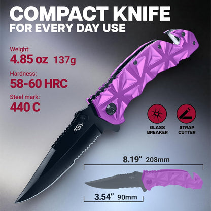 Pocket Knife for Men - Serrated Sharp 3.5" Folding Blade - Multifunction Tool with Wire Cutter Glass Breaker - Perfect Knives for Outdoor Cooking, Cutting Sashimi, Kitchen - Anniversary, Birthday Gifts Idea HB 207
