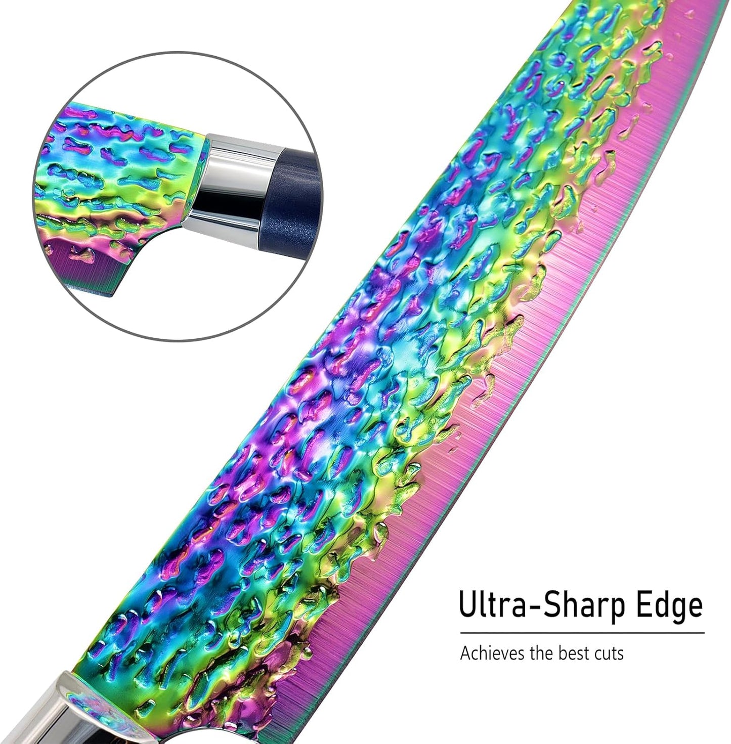 Rainbow Titanium Knife Set, Non Stick Thick and Sharp Stainless Steel 15 Pcs Cutlery Kitchen Knives Set with Acrylic Block, Chef Quality for Home & Pro Use, Best Gift, Pink Color