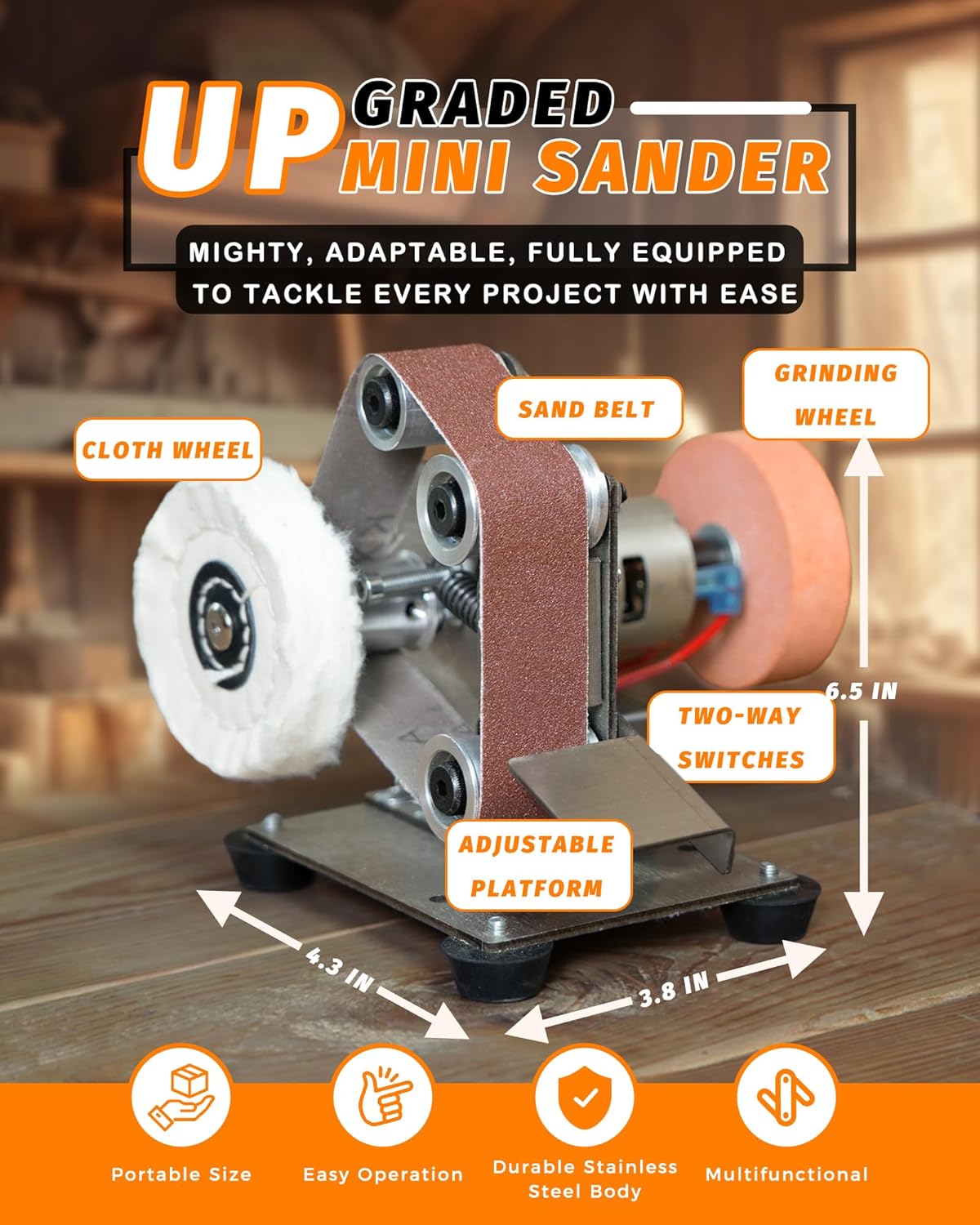 Mini Belt Sander, Electric Small Sander Knife Making Supplies, 7 Adjustable Speed Electric Knife Sharpener, Power Belt Grinder for Woodworking, Metal Working DIY (6.5'' x 6.8'' x 4.8'')