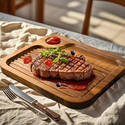 Acacia Wood Steak Plates,Carnivore Cutting Board for Eating, Carved Meat Wooden Plate, Food Serving Tray,Cheese Charcuterie Board with Deep Grooves & Hidden Handles