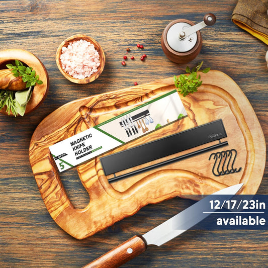 17 inch magnetic knife holder with 10 hooks, No Drilling black knife magnetic strip and utensil hanger for wall, Powerful knife magnet rack include tape and screws