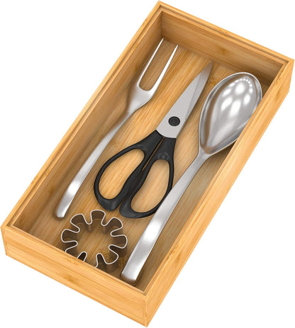 Utensil Organizer Silverware Drawer Organizer - Stackable Bamboo Flatware Caddy Cutlery Holder, Wooden Storage Boxes Tray for Bedroom,Office, Bathroom, Vanity & Garage Tool Organization(9"3"2.5")