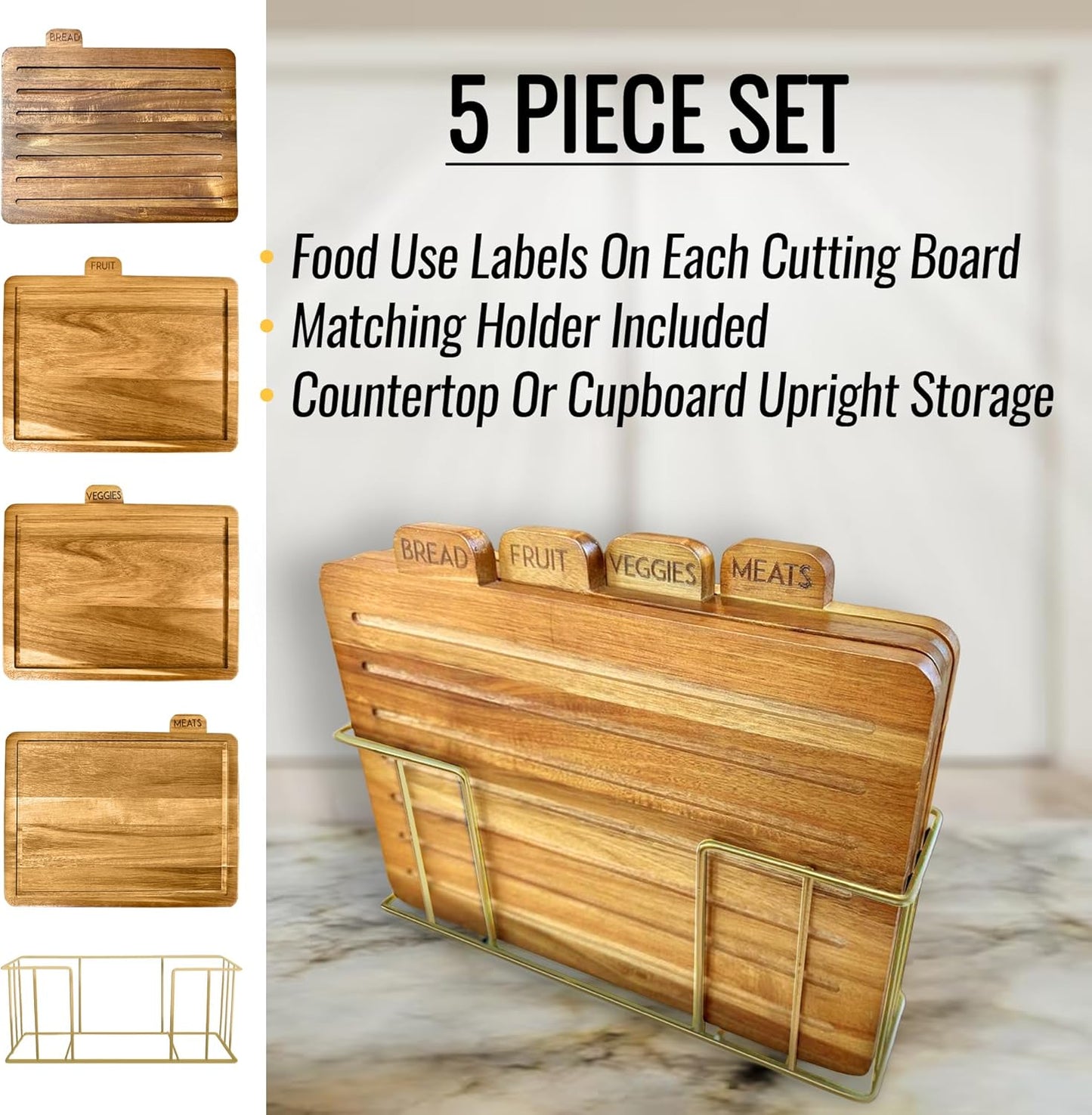 Acacia Cutting Boards for Kitchen with Holder 13" x 11" x 2.5" | Labeled Wood Cutting Board Sets | Large Wooden Cutting Board Set of 4 with Black Organized Stand | Non Toxic Chopping Board
