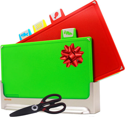 4-Piece Non-Toxic Cutting Board Set with Premium Scissors – BPA-Free Plastic and Rubber Chopping Boards for Kitchen Essentials with Organizer, Dishwasher Safe Accessories Holder.