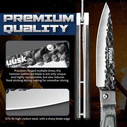 Huusk Folding Chef Knife Set - Japanese Hand Forged Pocket Knife Set - Including Nakiri, Santoku, Bread and Fruit Knives - Gifts for Men and Women